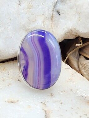 Rhodium/925 Silver Ring Genuine Agate Oval Cabochon Purple Polished Stone